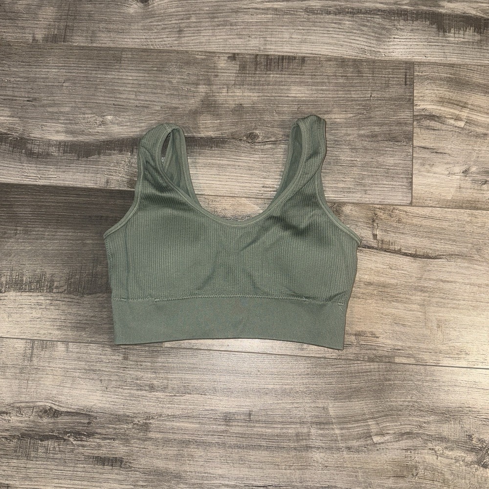 Aerie Womens Sport Bra Top Green Sleeveless Scoop Neck Nylon Ribbed Yoga Solid M